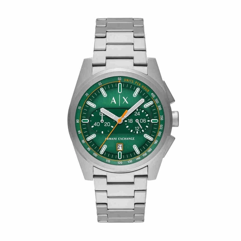 Armani Exchange Watch for Men, Quartz Chronograph Movement and 42mm Case Size with Stainless Steel Strap, Green and Silver Tone