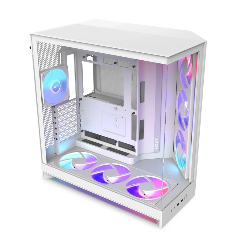 NZXT H9 Flow RGB+ (2025) – Large Dual-Chamber ATX Mid-Tower Airflow PC Case – Includes 7 RGB Fans (6 x 140mm, 1 x 120mm) & Control Hub – 420mm Radiator Support – Back-Connect Ready – White
