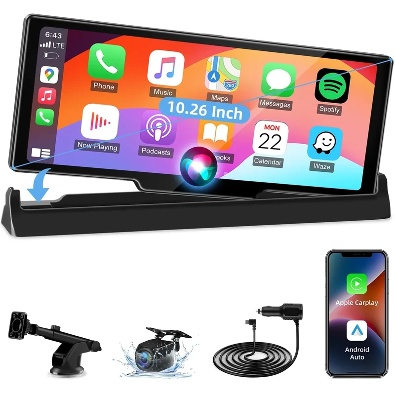Unique Bracket10.26 inch Carplay Screen for Car Play Screen Wireless Apple Carplay & Android Auto Car Tablet Pro Max 2025 with Rear Camera Dual Bluetooth Navigation Voice Control FM AUX Mirror Link