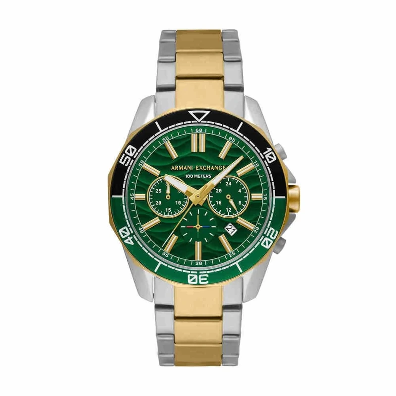 Armani Exchange Silver Tone Watch for Men, Quartz Chronograph Movement and 44mm Case Size with Stainless Steel Strap, Silver Tone and Grass Green