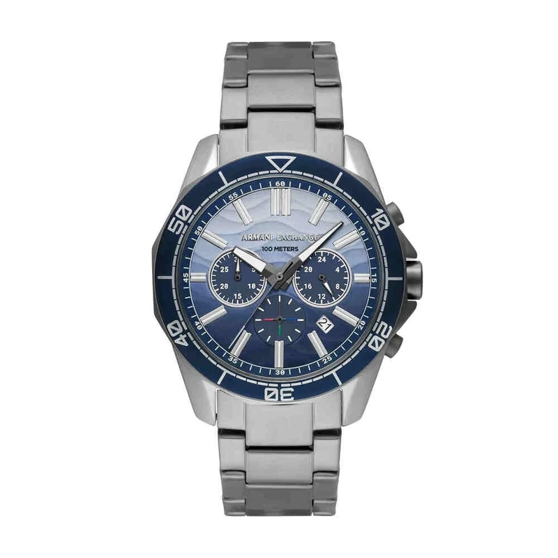 Armani Exchange Silver Tone Watch for Men, Quartz Chronograph Movement and 44mm Case Size with Stainless Steel Strap, Silver Tone and Blue