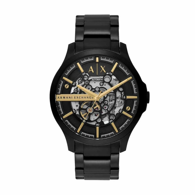 Armani Exchange Watch for Men Automatic Movement and 46mm Case Size with Stainless Steel Leather or Silicone Strap, Dark Black