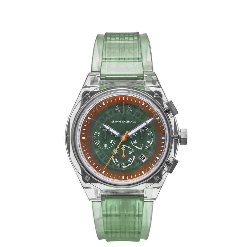 Armani Exchange Watch for Men Chronograph Movement and 46mm Case Size with Stainless Steel Leather or Silicone Strap, Light Green and Silver Tone