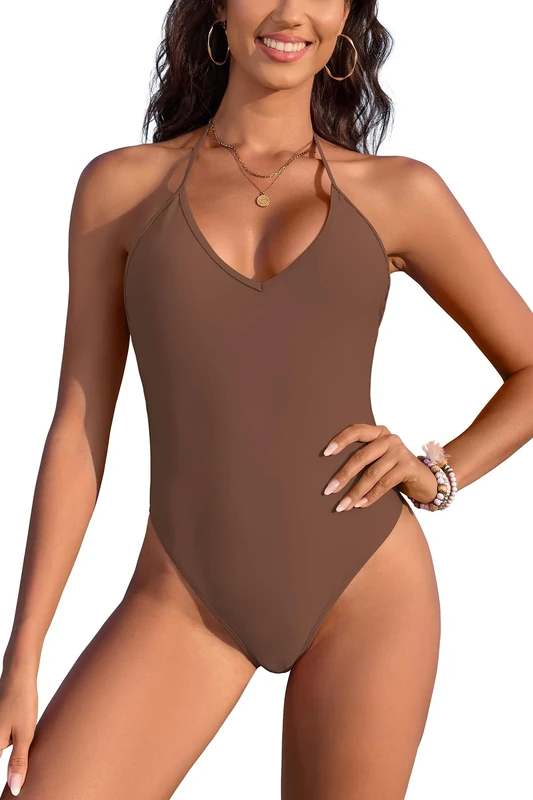 SHEKINI Women‘s One Piece Swimsuit Halter V Neck Push Up Swimming Costume High Cut Bathing Suit Backless Vintage Sexy Thong Monokini Swimwear, Brown, XL
