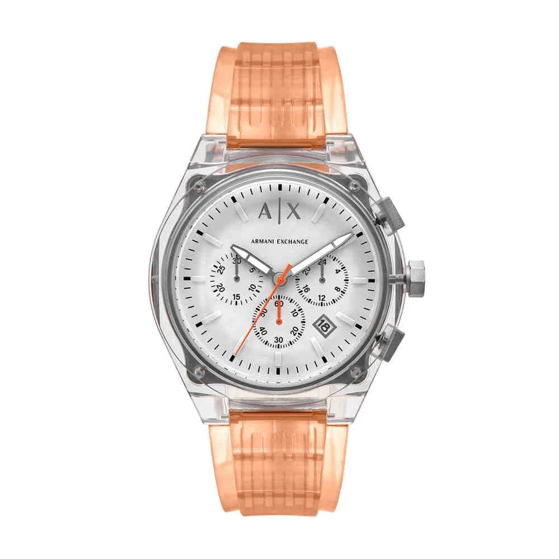 Armani Exchange Watch for Men Chronograph Movement and 46mm Case Size with Stainless Steel Leather or Silicone Strap, Silver Tone and Light Pink