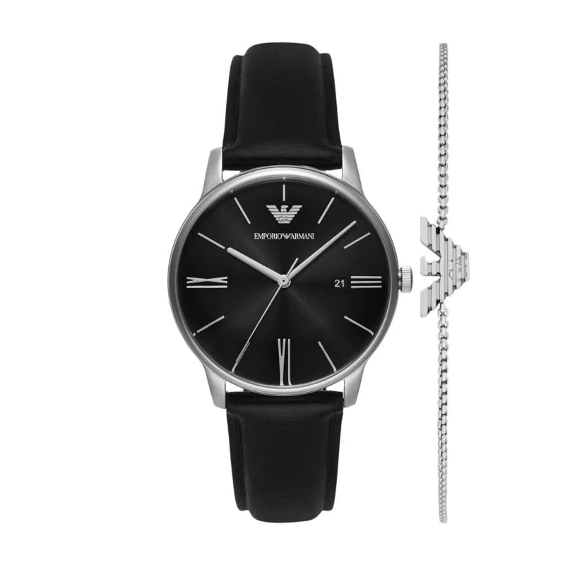 Emporio Armani Men's 39 MM Black Leather, AR80079SET