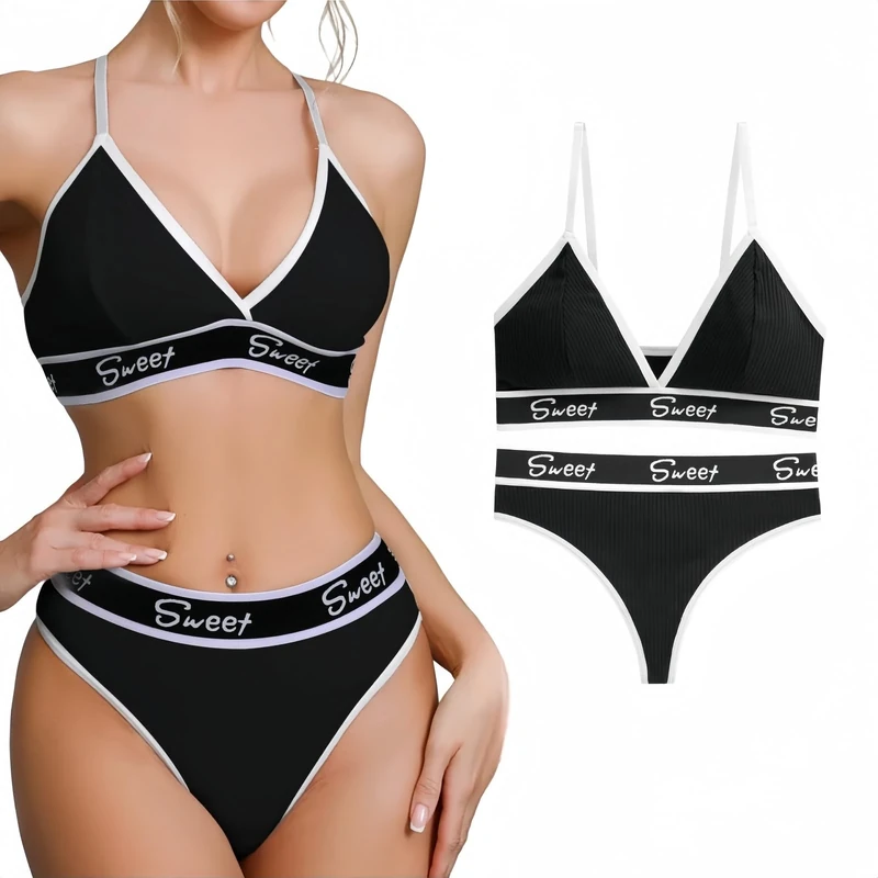 SamHeng Women’s Sports Bra and Briefs Underwear Set Unpadded Cotton Bralette Brief Set Wire Free Seamless Yoga Fitness Exercise Training Bras Tops, Black/L