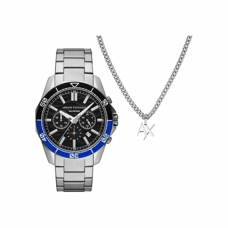 Armani Exchange Silver Tone Watch for Men, Quartz Chronograph Movement and 44mm Case Size with Stainless Steel Strap, Silver Tone and Jet Black