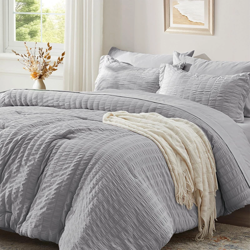 Queen Comforter Set 7 Piece, Light Grey Bed in a Bag Queen Bedding Sets