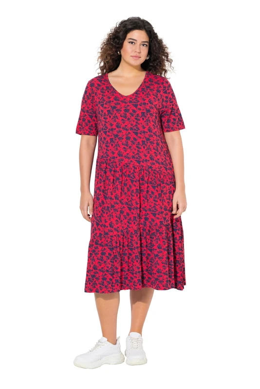 Ulla Popken Women's Dress with Asymmetric Flounces, Neon Red, 24-26