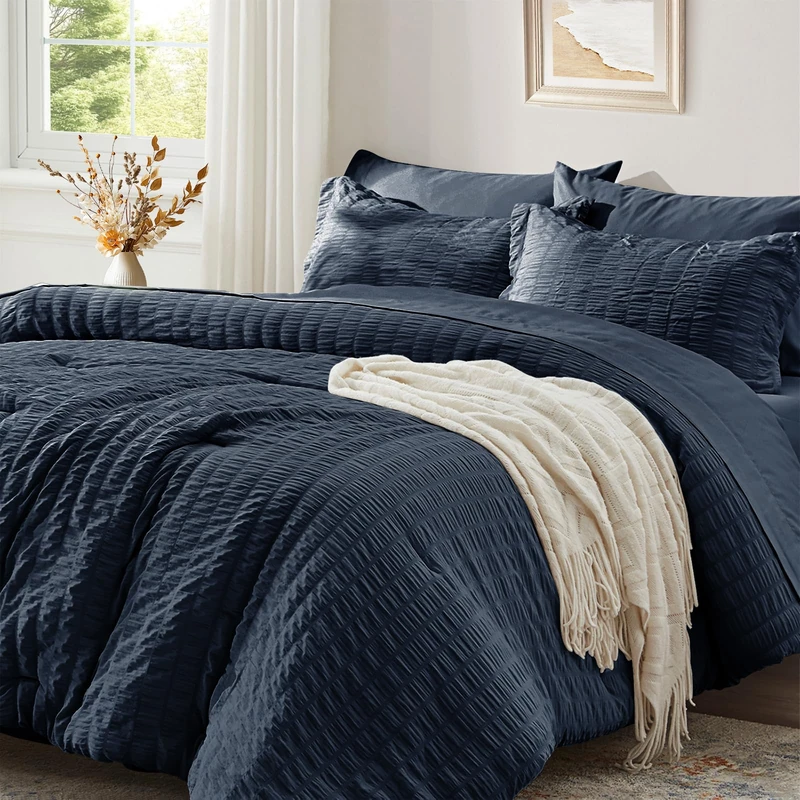 Zzlpp 7 Piece Navy Seersucker Comforter Set with Comforter & Sheets, All Season with 1 Comforter, 2 Pillowcases, 2 Pillowcases, 1 Flat Sheet, 1 Fitted Sheet