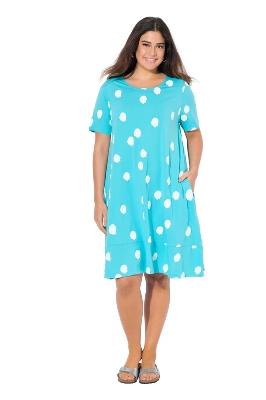 Ulla Popken Women's Polka Dot A-Line Pockets Round Neck Half Sleeve Jersey Midi Dress with Small Flounce Hem Polka Dot Print, Deep Aqua, 24-26