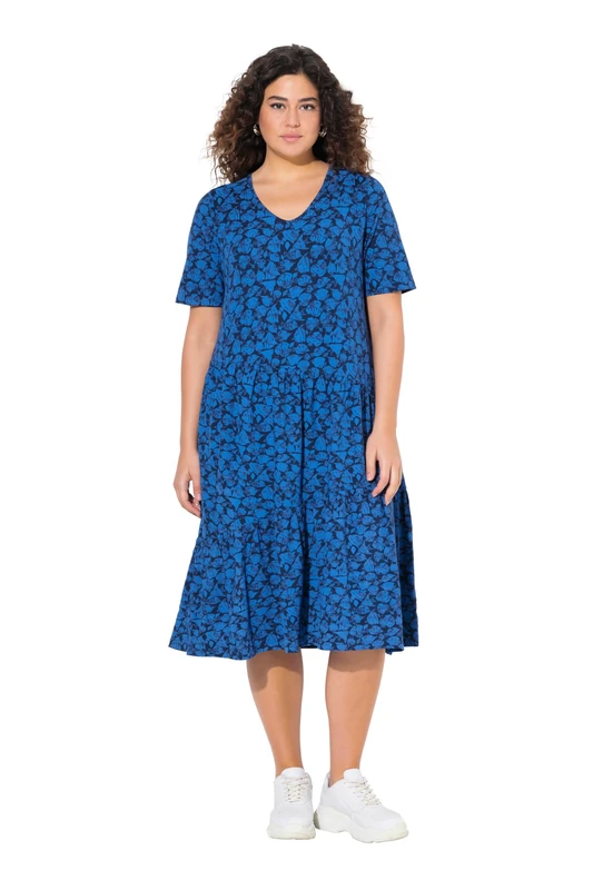 Ulla Popken Womenswear Plus Size Curvy Fish Print Short Sleeve Asymmetric Flounce Panel Dress Peacock Blue 58+ 836102740-58+