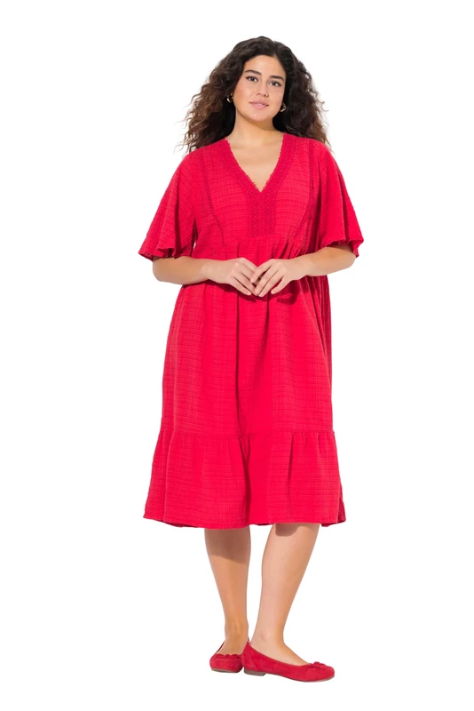 Ulla Popken Womenswear Plus Size Curvy Seersucker Short Sleeve V-Neck Midi Dress Lychee 54+ 839746530-54+