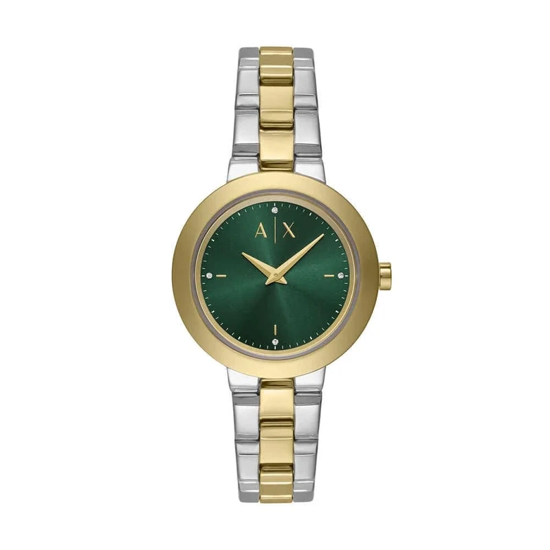 Armani Exchange Watch for Women, Quartz Two Hand Movement and 36mm Case Size with Stainless Steel or Leather Strap, Gold Tone and Green