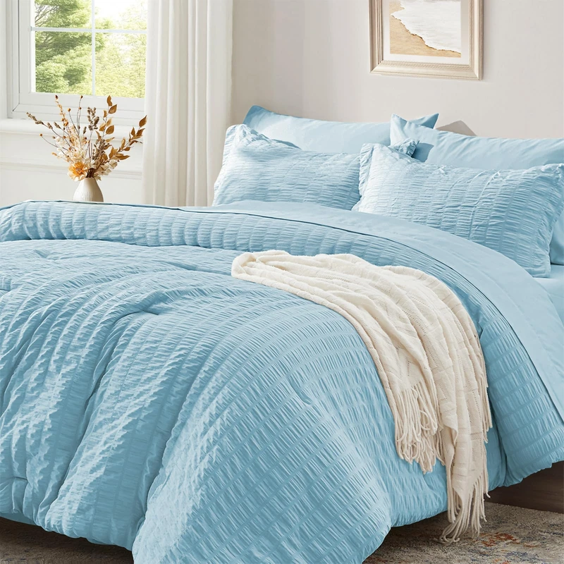 Full Size Comforter Sets 7 Piece, Light Blue Bed in a Bag Full Bedding Set