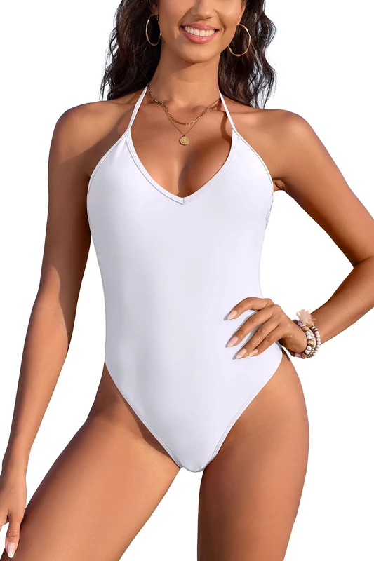 SHEKINI Women‘s One Piece Swimsuit Halter V Neck Push Up Swimming Costume High Cut Bathing Suit Backless Vintage Sexy Thong Monokini Swimwear, White, XL