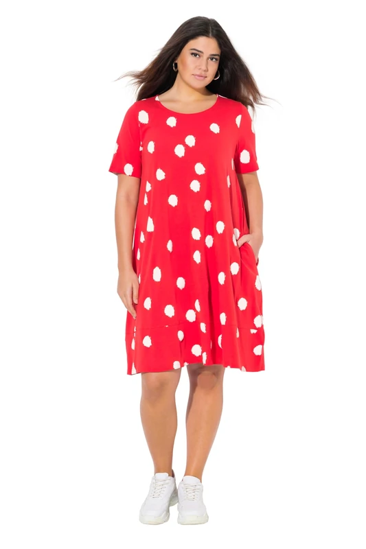 Ulla Popken Women's Plus Size Plus Size Polka Dot A-Line Pockets Round Neck Half Sleeve Midi Dress, Neon Red, 20-22