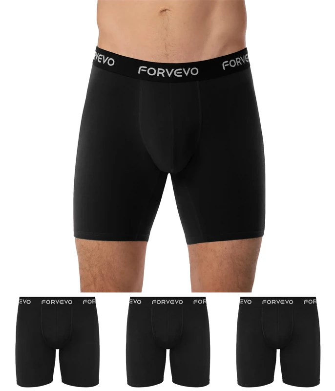 FORVEVO Mens Boxers Shorts, Cotton Long Leg Boxers for Men, Soft Comfortable Breathable Anti Chafing Underwear Trunks with Elastic Waistband, No Itchy Labels Boxer Shorts 3 Pack (Black, L)