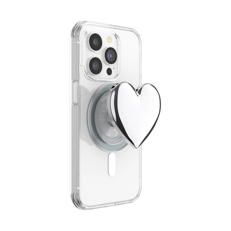 PopSockets Phone Grip for MagSafe with Kickstand, Magnetic Stand, Swappable Top, Secure Hold for iPhone MagSafe Cases, Phone & Tablet Grip - Enamel Silver Heart