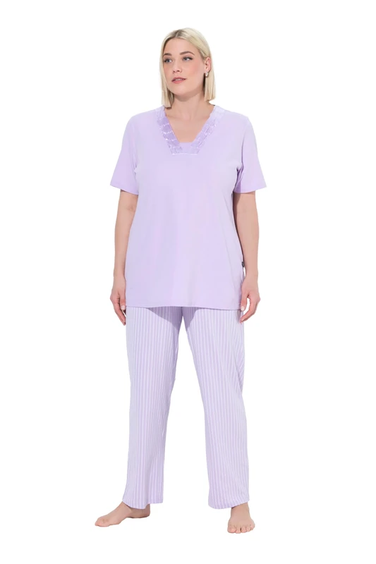 Ulla Popken Ladies Satin Detail Morning Rise Pyjamas, Delicate lavender, 42-44 Große Größen