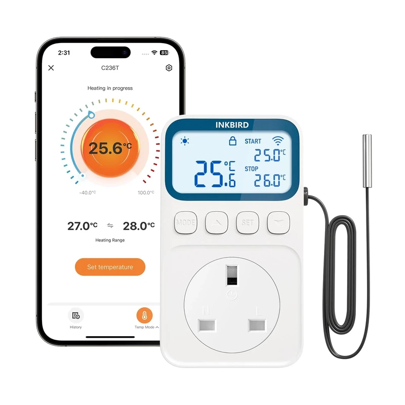 Inkbird C236T Thermostat Plug Socket, WIFI Temperature Controller for Heating and Cooling, App Control, Digital Thermostat Outlet Plug for Reptile, Aquarium, Incubation, Lizard, Vivarium