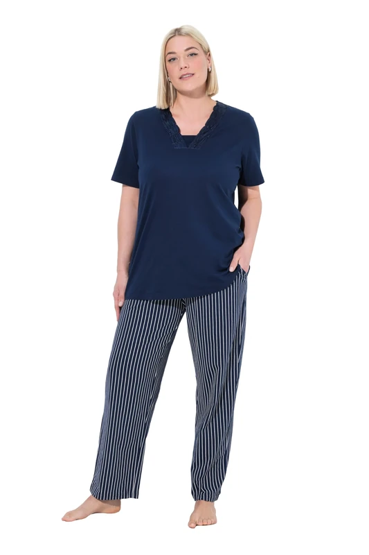Ulla Popken Women's Pyjamas, Satin Detail, Morning Rise, Midnight Blue, 42-44 Große Größen