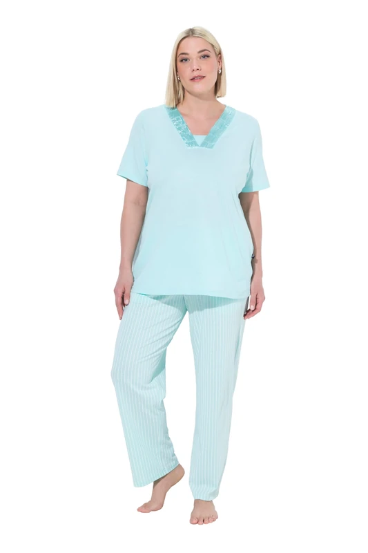 Ulla Popken Ladies Satin Detail Morning Rise Pyjamas, Light mint green, 46-48 Große Größen