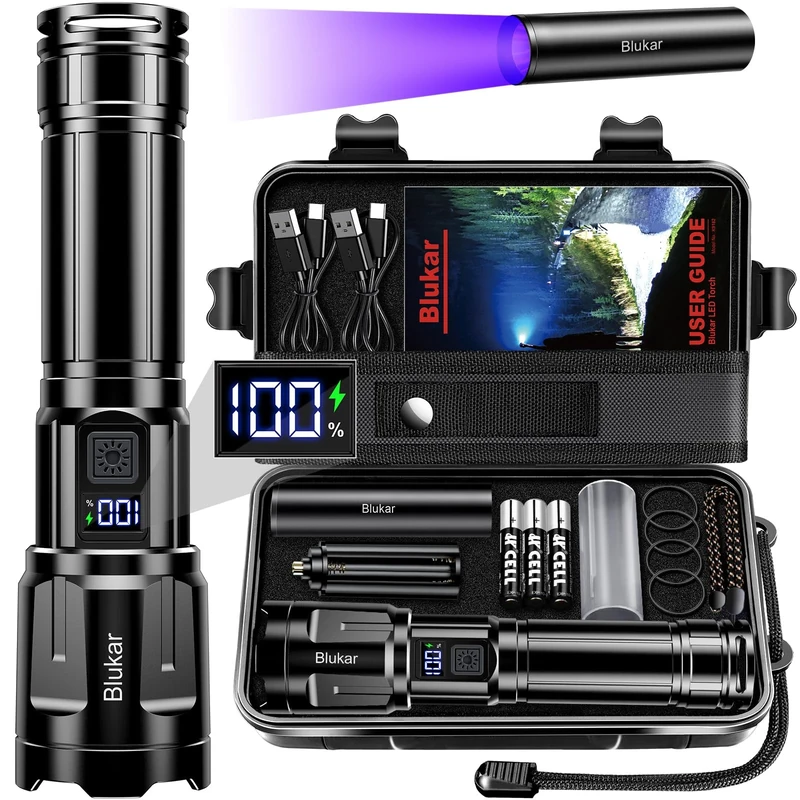 Blukar LED Torch Super Bright - 3 Color Temperatures & 4 Modes, Rechargeable, Long-Lasting 5000mAh, Adjustable Focus, IP67 Waterproof Handheld Torch Flashlight for Camping, Emergency, Hiking etc.