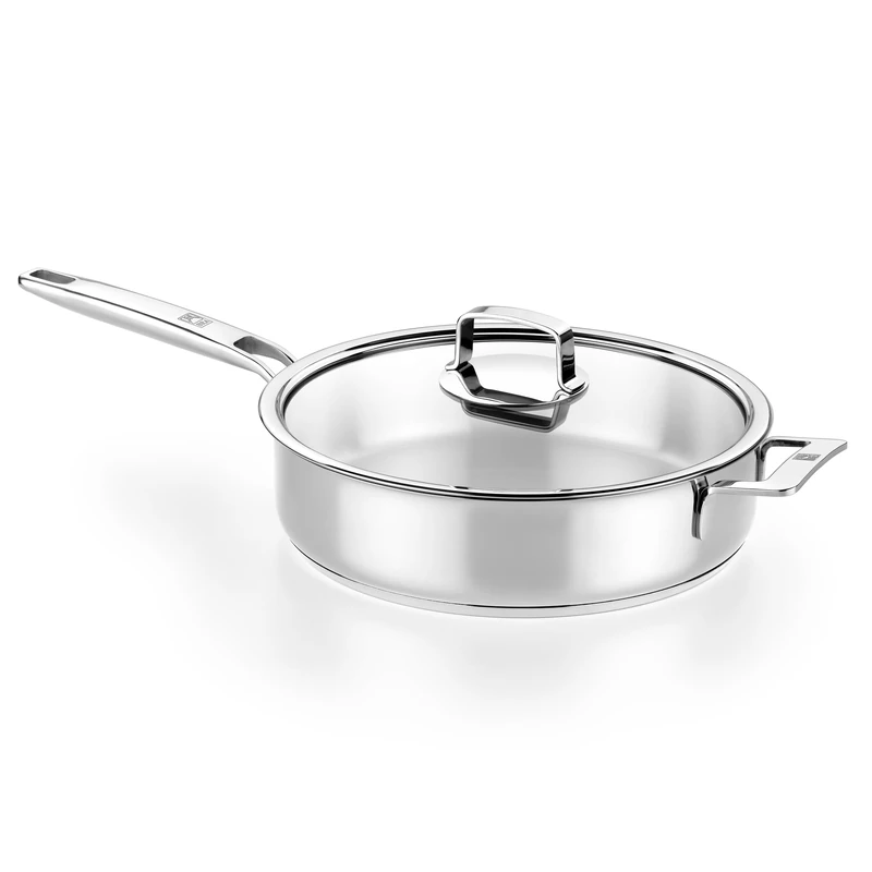 Bra Signature Stainless Steel Frying Pan 28cm. Suitable for All Hobs and as Induction Hob Frying Pan. Fully Stainless Steel Pot with Glass Lid. Non Toxic Cookware