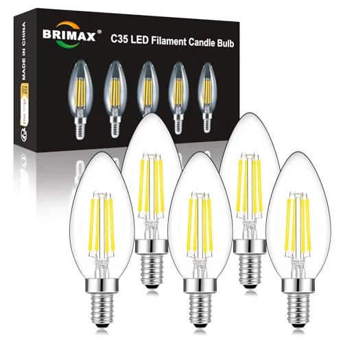 BRIMAX E14 LED Candle Bulb Dimmable 6w 60W Equivalent Warm White 2700K SES(Small Edison Screw) LED Chandelier Bulbs C35 Vintage Filament Energy Saving Candelabra Light Bulb 5 Packs