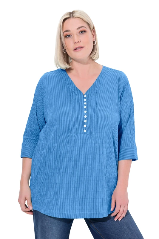 Ulla Popken Ladies Plus Size Plus Size Bubble Tunic Sweetheart Neck Pintuck 3/4 Sleeve, cobalt blue, 24/26