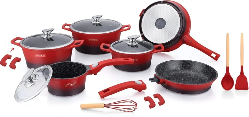 ROYALTY LINE, 17-Piece Cookware Set, Pressure-Cast Aluminium, Marble Coating, with Silicone Handles, 24-28 cm, Red