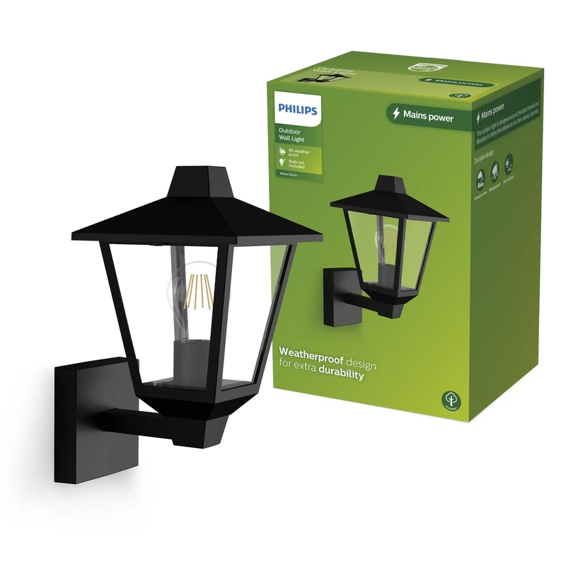 PHILIPS Kinno Outdoor Wall Light, Max 25W, E27 Socket, Black