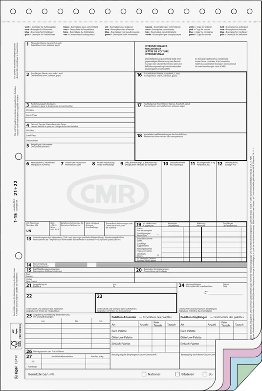 SIGEL FB490/50 International CMR Consignment Bill A4 4 x 1 Sheet - Self-Copying - Pack of 50 - Image 1