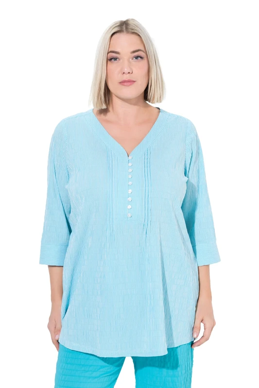 Ulla Popken Womenswear Plus Size Curvy Textured Stripe Pintuck Blouse deep Aqua 54+ 797456740-54+
