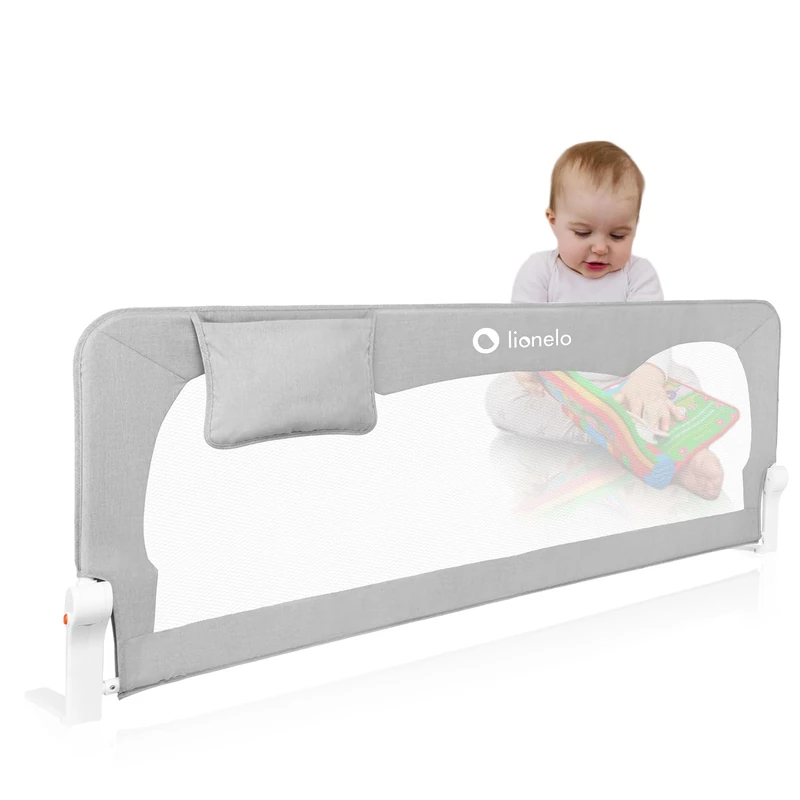 lionelo Bed Rail Guard HANNA 150L x 66H cm Extra-Tall Universal Safety Bed Barrier for Toddlers, Foldable 180° with tilt adjustment, Mesh Fabric, SecureBelt Straps, Safe Lock, Pocket, Easy to Install
