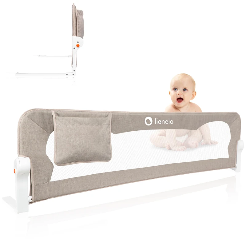 lionelo Eva Universal Bed Guard 150 L x 42cm H, Child Safety barrier with 180° Recline Foldable Design, StandSafe lock Storage pocket, Sturdy Durable Bedside Safety Gate for Children (Light Grey)