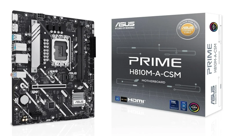 ASUS PRIME H810M-A-CSM, Intel mATX Motherboard, 6+1+1+1 Power Stages, DDR5 Slot, PCIe 4.0, 2 M.2 Slots, Intel 16 GB Ethernet, DisplayPort, HDMI, USB-A 10 Gbps, USB-C 5Gbps, Black