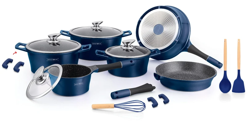 ROYALTY LINE, 17-Piece Cookware Set, Pressure-Cast Aluminium, Marble Coating, with Removable Silicone Handles, Compatible with All Heat Sources, 24-28 cm, Blue