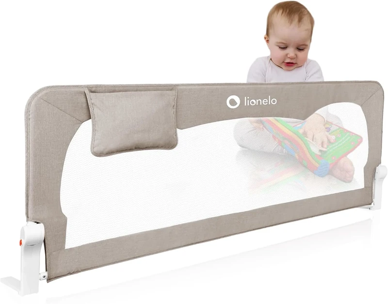 lionelo Bed Rail Guard HANNA 150L x 66H cm Extra-Tall Universal Safety Bed Barrier for Toddlers, Foldable 180° with tilt adjustment, Mesh Fabric, SecureBelt Straps, Safe Lock, Pocket, Easy to Install