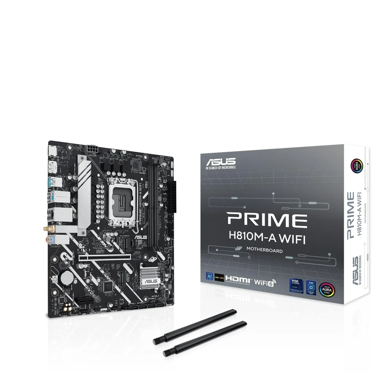 ASUS PRIME H810M-A WIFI, Intel mATX Motherboard, 6+1+1+1 Power Stages, DDR5 Slot, PCIe 4.0, 2 M.2 Slots, WiFi 6E, Intel Ethernet 16GB, DisplayPort, HDMI, USB-A 10Gbps, USB-C 5Gbps, Black