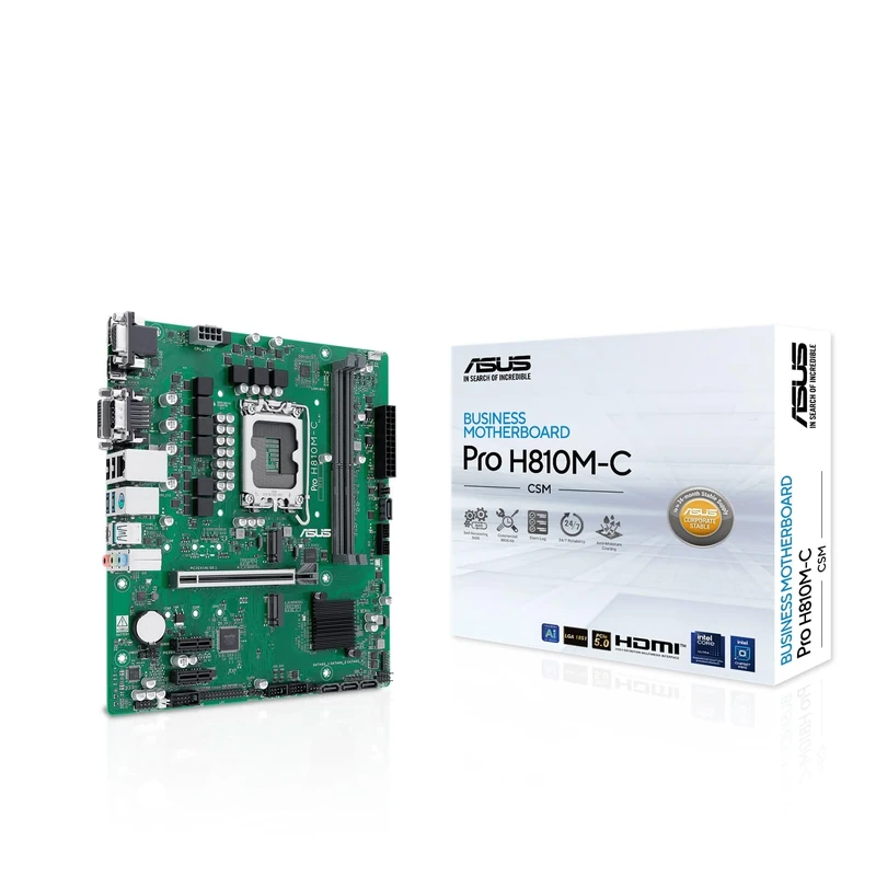ASUS PRO H810M-C-CSM, Intel Motherboard, 6+1+1+1 Power Stage, DDR5 Slot, PCIe 5.0, Suitable for AI-Advanced PC, 2 M.2 Slots, DisplayPort, VGA, HDMI, USB-A and USB-C 10Gbps, Black