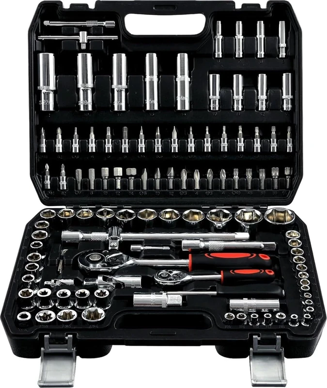 ROYALTY LINE, 108 Piece Socket Set - Aluminum Tool Box - Car Repair Tools - Carry Bag - Silver - 38.5 x 28 x 8 cm