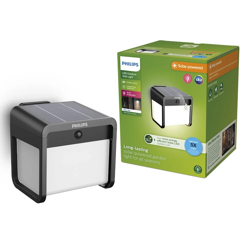 PHILIPS Ezra UltraEfficient Outdoor Solar Wall Light with Sensor, 3000K, 250/25lm, Black