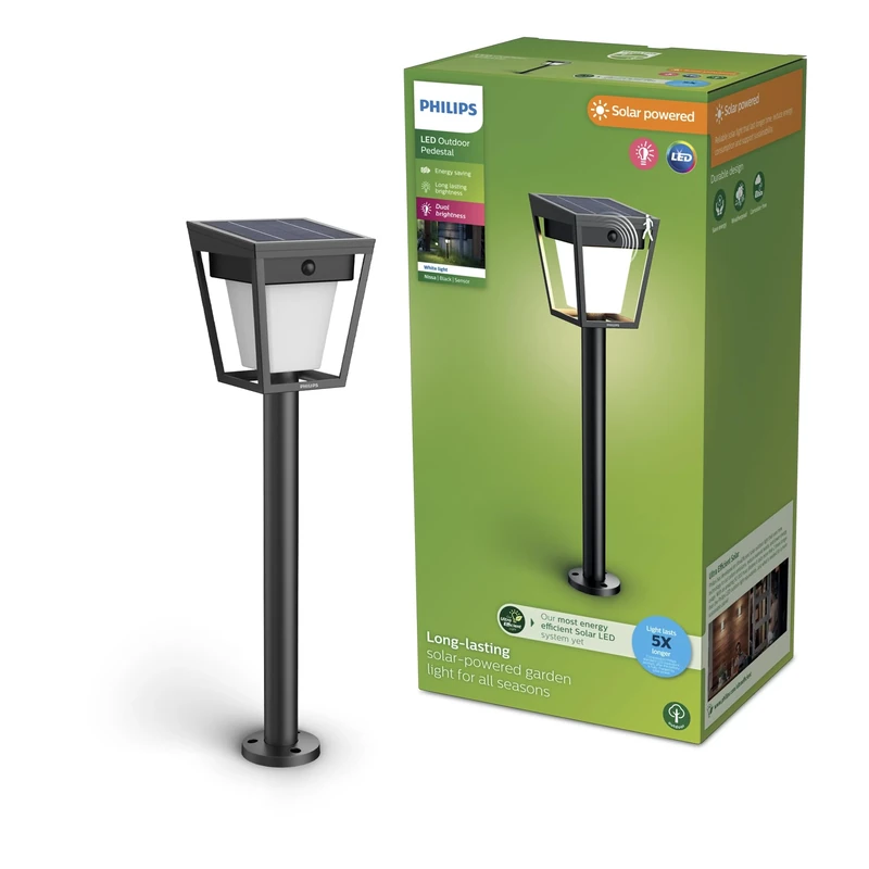 PHILIPS Nissa UltraEfficient Outdoor Solar Pedestal Light with Sensor, 3000K, 250/25lm, Black
