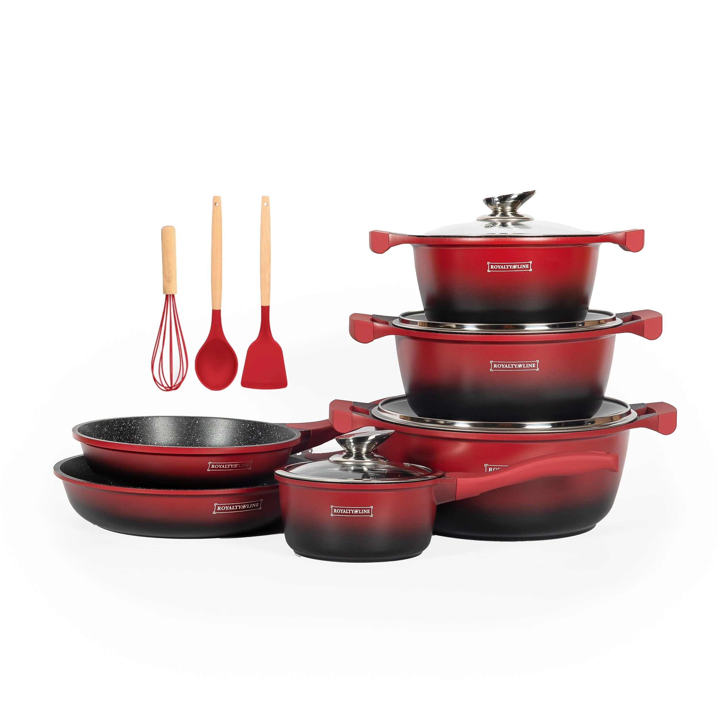 ROYALTY LINE, Set of 13 Pieces, Cast Aluminum cookware, Marbled Coating, with Removable Silicone Handles, Compatible with All Heat Sources, Red Color