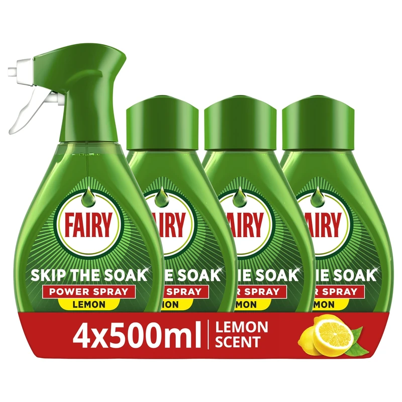 Fairy Skip the Soak Dish Spray Kit Lemon, Trigger + 4x500ml Refill. 100% Grease Removal for Dishes & Surfaces.
