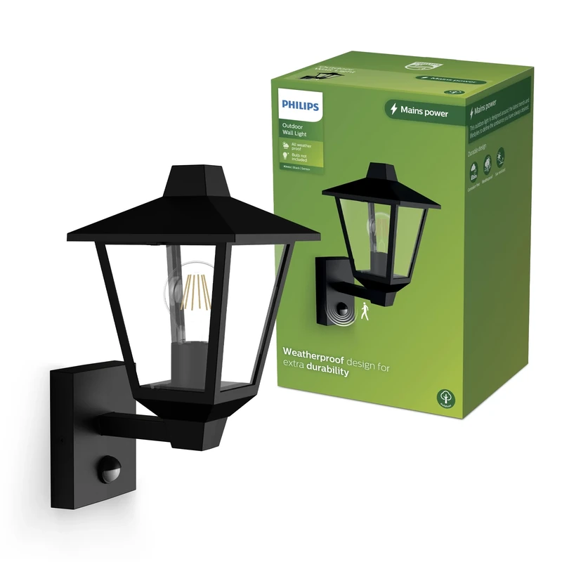 PHILIPS Kinno Outdoor Wall Light with Sensor, Max 25W, E27 Socket, Black