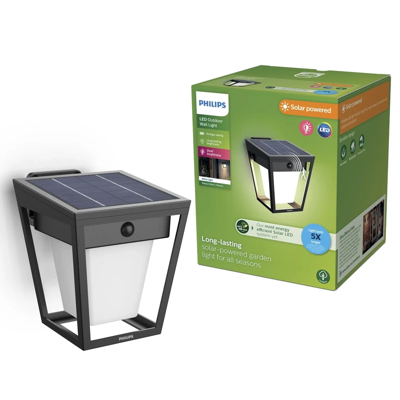 PHILIPS Nissa UltraEfficient Outdoor Solar Wall Light with Sensor, 3000K, 250/25lm, Black
